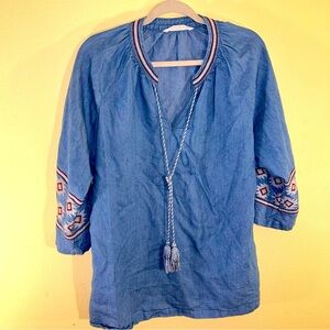 Blue Given Kale Denim Blouse with White Red Embroidery Tassels Large
